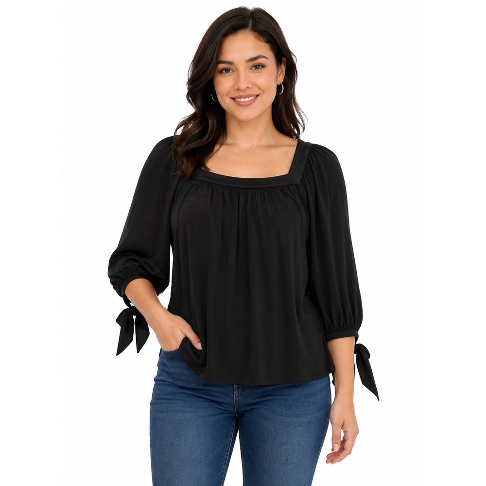 Banana Republic Black Square Neck Tie-Sleeve Blouse